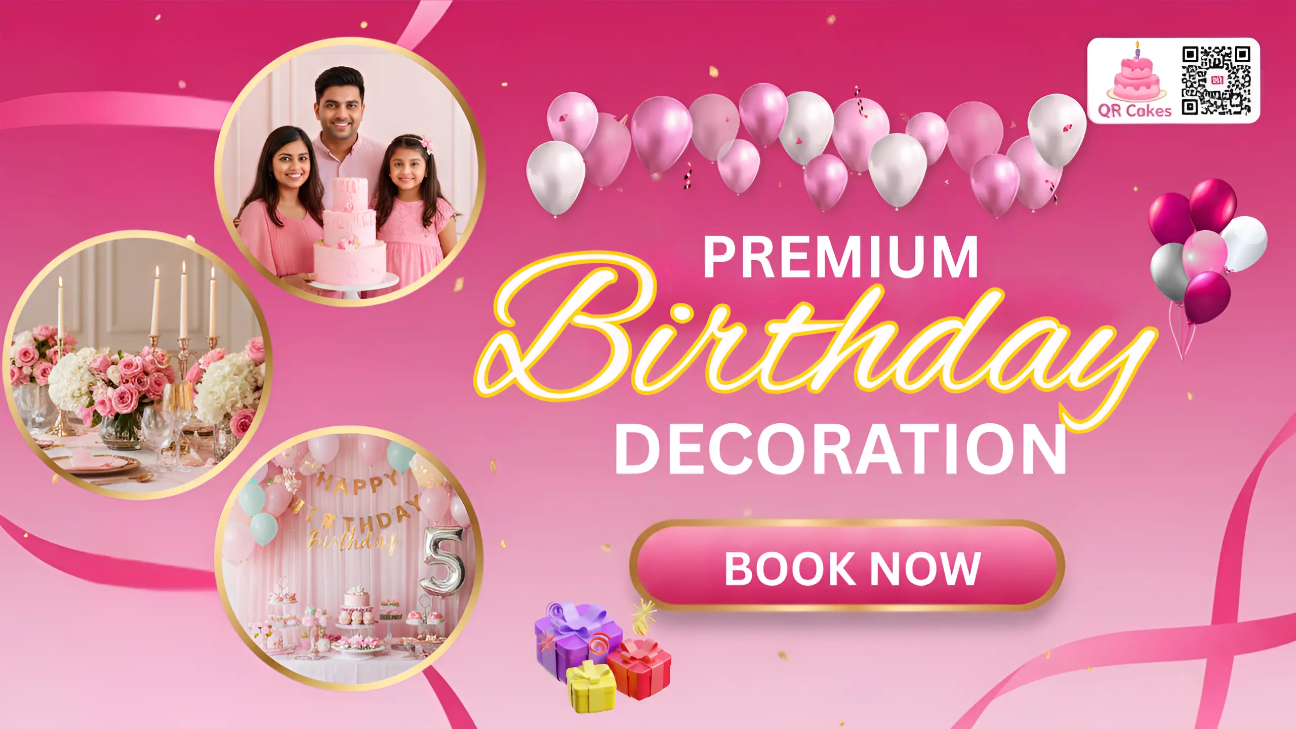 Cake Accessories - Beautiful pink themed cake decorating supplies with balloons, candles, and festive decorations